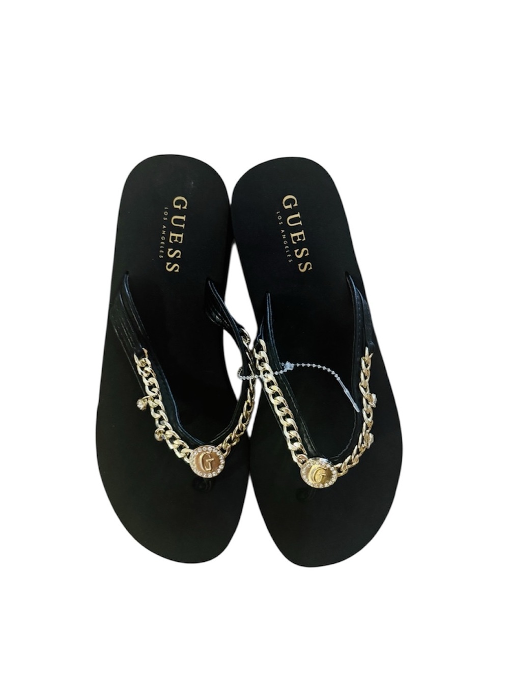 GUESS Black platform Flip Flop Sandals with Gold Chain Accent NEW